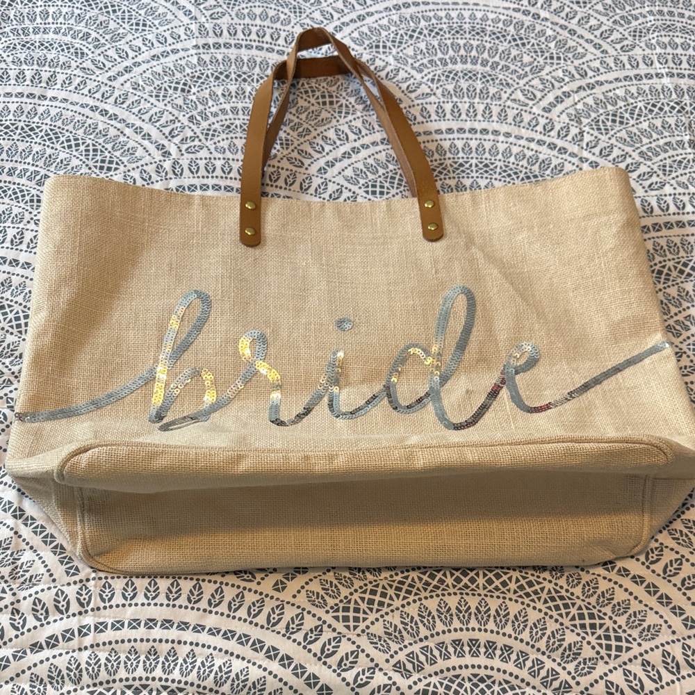 Mud Pie Beige Bride Tote with Brown Handles